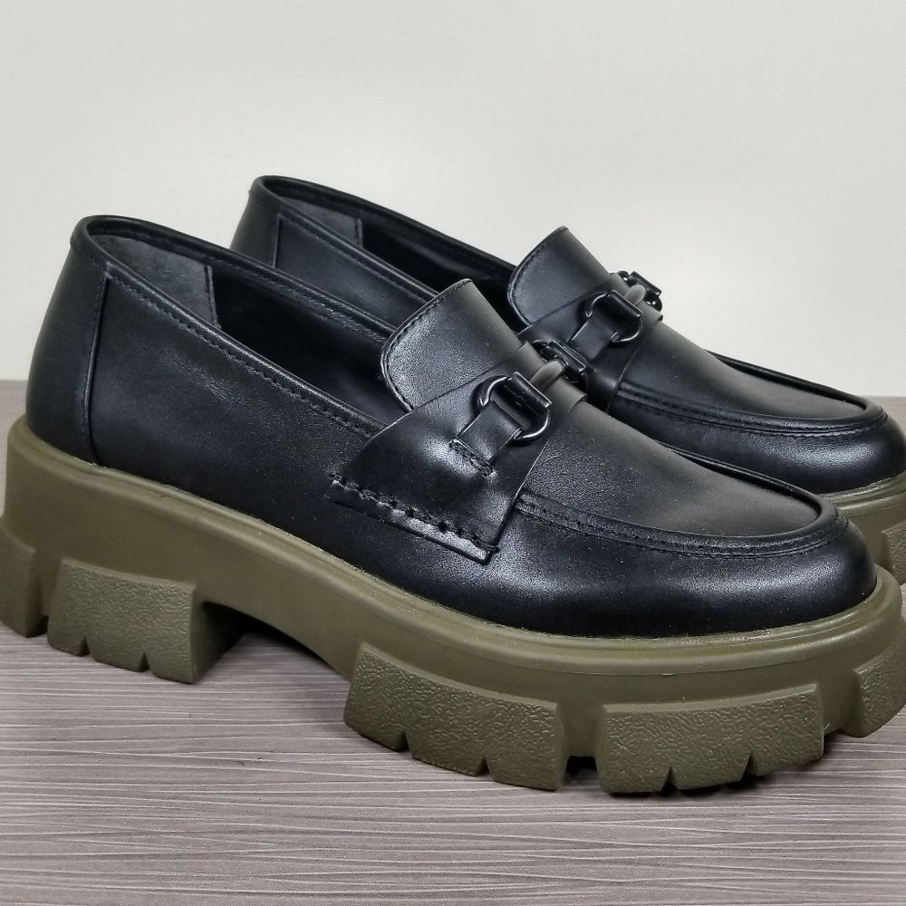 Steve Madden Trifecta Platform Loafer, Black Leather, Womens Size 8.5 M